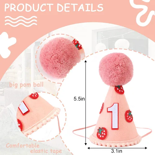 Vista 2 de Corona de fresa para primer cumpleaños - Decoración de sombrero de fieltro para niñas
