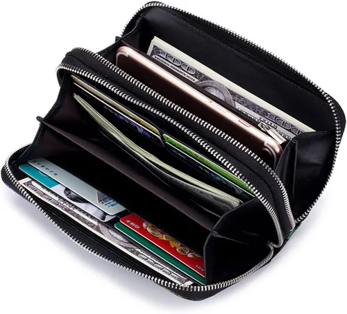 Vista 2 de WBQMUNY Cartera larga de mano con doble cremallera, cartera para teléfono celular, cartera para mujer con cremallera alrededor del tarjetero, correa