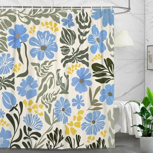 Vista 9 de Cortina de ducha botánica floral bohemia, bonita cortina de baño abstracta de mediados de siglo, flores modernas de mediados de siglo, primavera