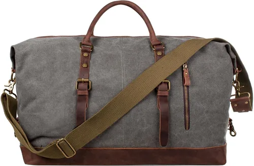 Vista 7 de S-ZONE - Bolsa de viaje de lona sobredimensionada con adornos de cuero genuino, bolsa deportiva de hombro de fin de semana, bolso de fin de semana