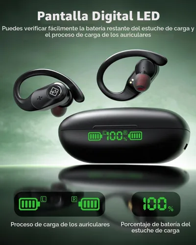 Vista 2 de Auriculares inalámbricos Bluetooth Auriculares 96H Playtime Pantalla LED Impermeable Built in Mic Deep Bass Sound Secure Over Ear buds Earhooks