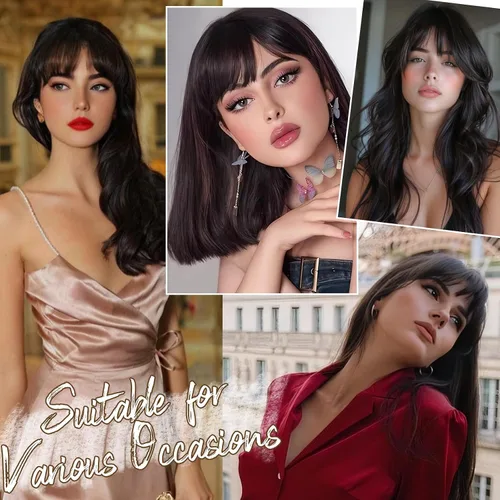 Vista 5 de BARSDAR Extensión de moño de cabello liso marrón oscuro + flequillo de clip de cabello humano