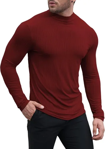 Vista 3 de Uni Clau Camisas de manga larga con cuello alto falso para hombre, camiseta térmica de punto acanalado casual