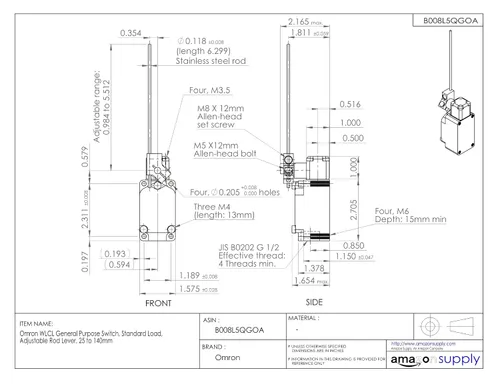 Vista 2 de Omron Interruptor WLCL de uso general, carga estándar, palanca de varilla ajustable, 25 a 5.512 in