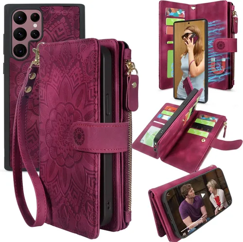 Vista 9 de Harryshell Funda de cuero desmontable con cremallera magnética con bolsillo para monedas, 12 ranuras para tarjetas, correa de muñeca para Samsung