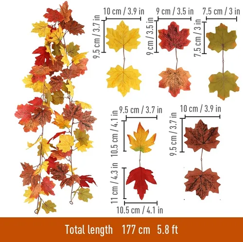 Vista 5 de homEdge Guirnalda artificial de hojas de arce, 2 paquetes de 5.8 pies de guirnalda de vid colgante de otoño para decoración de Acción de Gracias