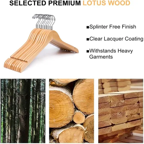 Vista 5 de Amber Home Paquete de 10 perchas de madera natural para camisas, perchas de madera de primera calidad sin barra, perchas para ropa para chaquetas