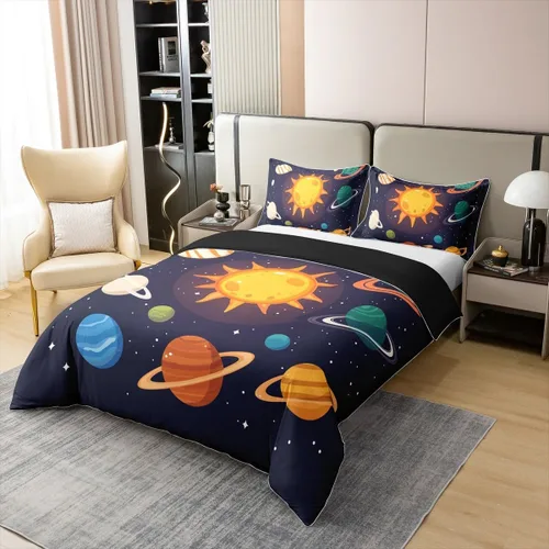 Vista 3 de Funda de edredón 100% algodón con planetas del sistema solar, tamaño individual, Mercurio, Tierra, Marte Neptuno Saturno y Júpiter, para niños