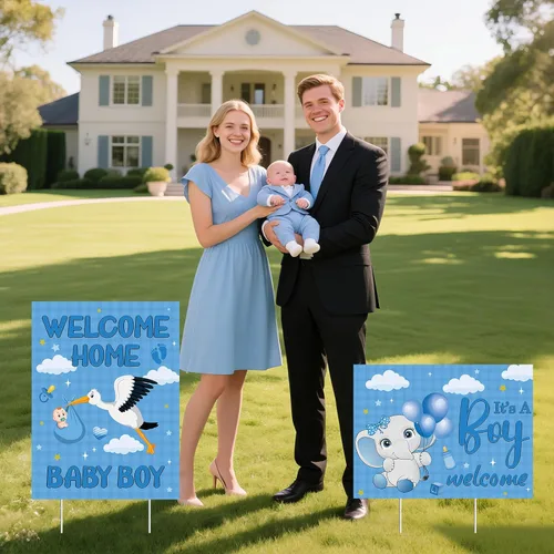 Vista 6 de 2 carteles decorativos de bienvenida para el patio del bebé, niño y niño, con estacas, diseño de elefante azul para baby shower, suministros