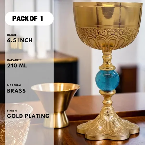 Vista 2 de REPLICARTZ Copa de cáliz chapada en oro de latón con orbe azul – Taza de comunión hecha a mano de 6.5 pulgadas para misa, tema del Santo Grial, copa
