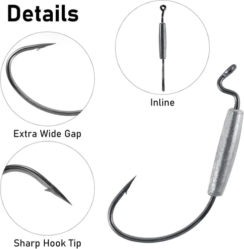 Vista 3 de Dr.Fish Paquete de 15 ganchos EWG ponderados con gusano pesado, anzuelos para natación, pesca de lubina, espacio extra ancho para Texas Rig Carolina