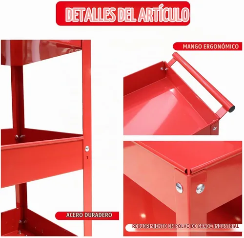 Vista 5 de Torin APTC302B Carro de empuje de servicio de herramientas de acero con 3 estantes y capacidad de 200 lb, color rojo