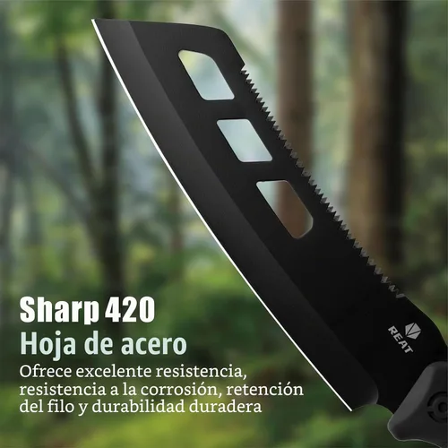 Vista 3 de REAT Machete con sierra, machete resistente de 16 pulgadas con funda, cuchillo de jardinería de doble propósito para cortar y aserrar, mango Negro