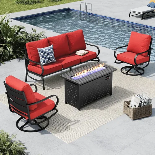 Vista 19 de MFSTUDIO Juego de 4 piezas de conversación para patio, marco de metal para todo tipo de clima, muebles de exterior con 1 mesa rectangular de propano