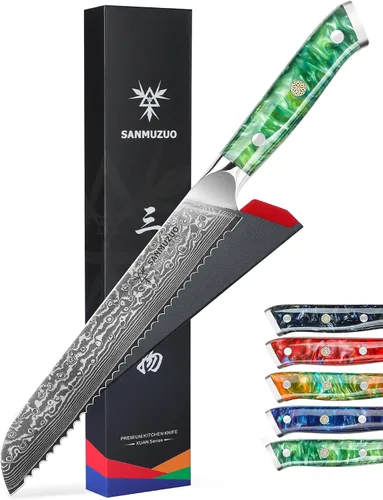 Vista 6 de Cuchillo de chef de cocina dentado de 8 pulgadas, mango de acero y resina de Damasco - Serie Xuan (negro estrellado)