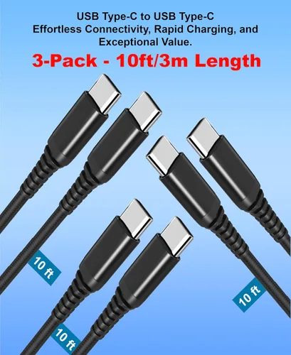 Vista 2 de [Paquete de 3 cables trenzados USB tipo C a USB C de 60 W PD de 10 pies de carga rápida compatibles con iPhone 15, MacBook Pro, iPad mini 6, Air 4