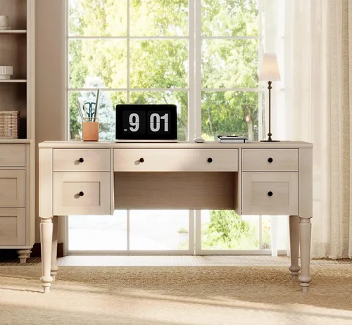 Vista 3 de WAMPAT Escritorio ejecutivo de madera con 5 cajones y estación de carga, beige, 56 pulgadas