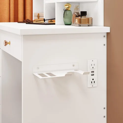 Vista 4 de FUFU&GAGA Juego de tocador con espejo rectangular, tocador de maquillaje con 5 cajones, estantes, tomacorriente eléctrica y soporte para secador
