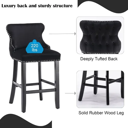 Vista 4 de Taburetes de bar tapizados de terciopelo modernos de 27 pulgadas con patas de madera, botón acolchonado, cabeza de clavo cromada, taburetes de bar