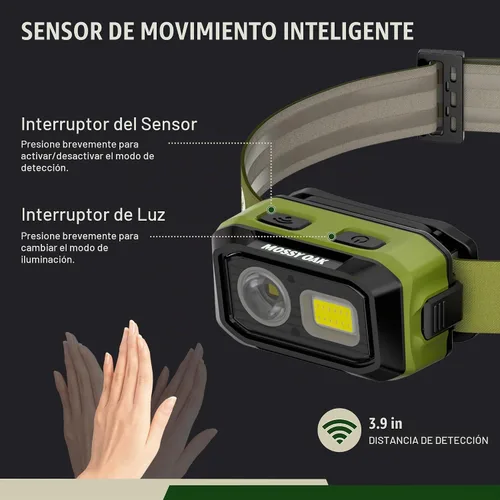 Vista 4 de Mossy Oak Linterna frontal LED de 600 lúmenes, fuente de alimentación dual, lámpara de cabeza con sensor de movimiento con base magnética
