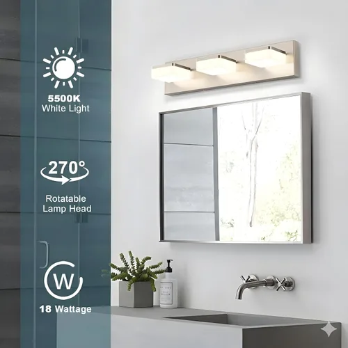 Vista 4 de Luces de Tocador de Níquel Cepillado para Baño - Lámpara de Tocador de 3 Luces - Apliques de Pared LED Regulables - Luz Diurna 5500K - Elegantes