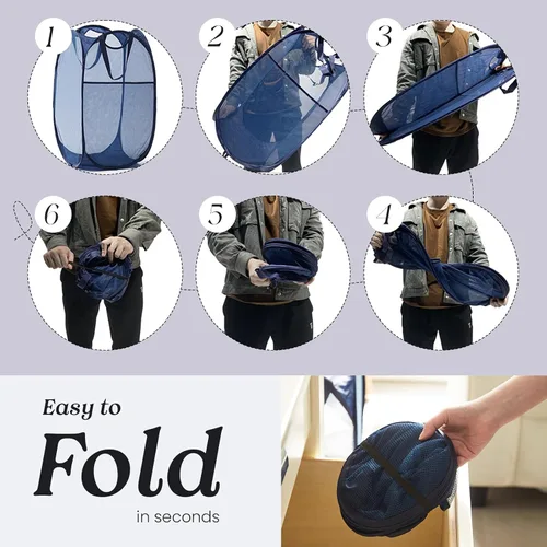 Vista 7 de Cesta de malla desplegable para ropa sucia con asas duraderas - Cesta plegable portátil para dormitorio, baño y viajes (negro)