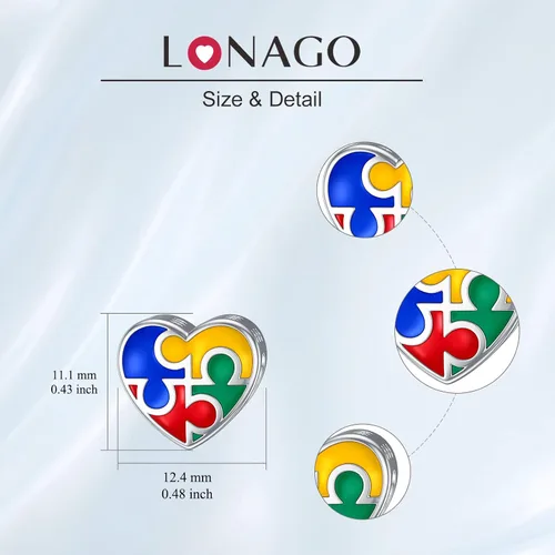 Vista 6 de LONAGO Abalorio personalizado de plata de ley 925 compatible con pulsera, collar, forma redonda de corazón personalizado