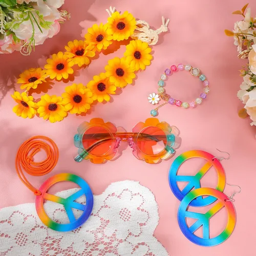 Vista 2 de Tondiamo 5 Pcs Kids Hippie Costume Accessories 60s 70s Toddler Girl Outfit Boho Peace Sign Daisy Flower for Halloween Cosplay