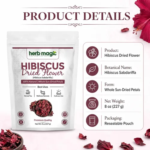 Vista 5 de Flores secas de hibisco perfectas para té y agua fresca mexicana, flor de jamaica, flores enteras y pétalos Herbmagic