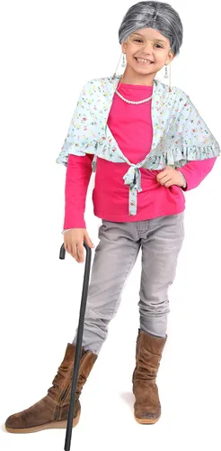 Vista 2 de BBTO Old Lady Costume Granny Wig Grandma Shawl Inflatable Cane Frame Glasses with Chain Faux Pearl Necklace Bracelet Earrings
