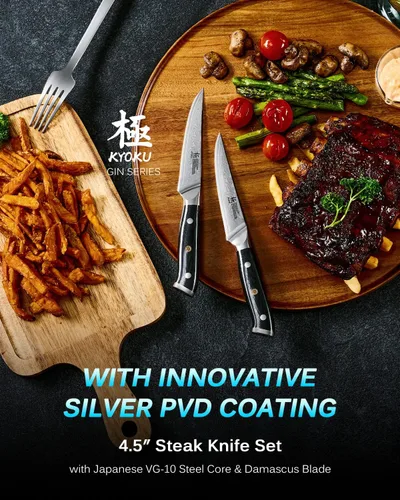 Vista 2 de Juego de 4 cuchillos para carne de la serie Gin de KYOKU, cuchillos para carne de 4.5", juego de cuchillos de cocina de acero inoxidable damasco