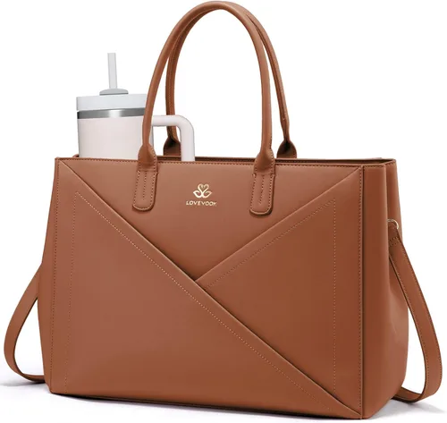 Vista 14 de LOVEVOOK Bolso para laptop de mano para mujer con portavasos grande, de 15.6 pulgadas, de PU, bolso de trabajo para maestra, bolso de mano