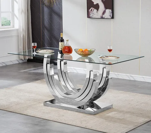 Vista 13 de Mesa de comedor de vidrio de 70 pulgadas para 4-8 personas, parte superior de vidrio templado y base de acero inoxidable en U dorada, escritorio