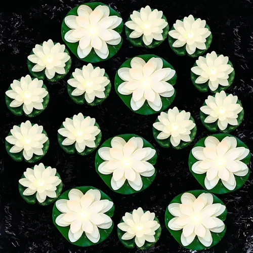 Vista 14 de Hortsun 9 luces flotantes de loto con pilas, almohadillas de lirio, flores de piscina, velas flotantes, decoración de plantas de estanque