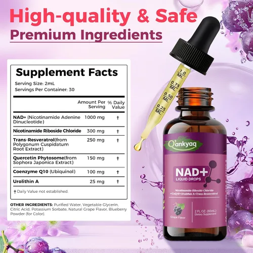 Vista 3 de NAD - Gotas de 1000 mg con cloruro de ribósido de nicotinamida, trans-resveratrol, tintura NAD Plus para proporcionar energía, estabilidad Mito*