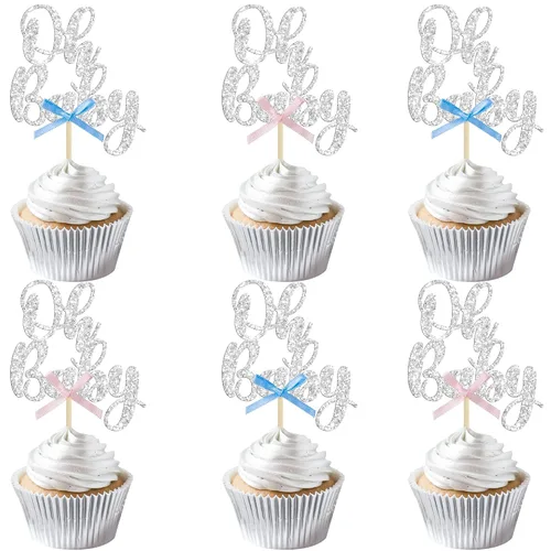 Vista 10 de Gyufise 36 piezas Adornos para cupcakes Oh Baby con moño azul y rosa, brillante dorado, adornos para cupcakes de baby shower, adornos para cupcakes