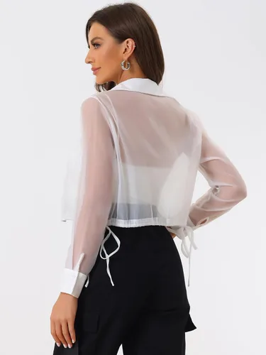 Vista 4 de Allegra K Chaqueta de malla transparente para mujer, manga larga, dobladillo con cordón y botones, recortada