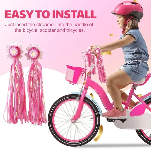 Vista 4 de Girasol Bike Scooter Manillar Streamers- Cintas rosas con borla brillante para niños Niños Bicicletas Trike Grips Accesorios Portabebés