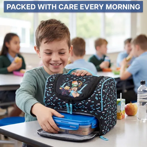 Vista 6 de Get Trend Minecraft - Lonchera reutilizable con aislamiento para niños, bolsa ligera con doble compartimento con asa, se adapta a la lonchera