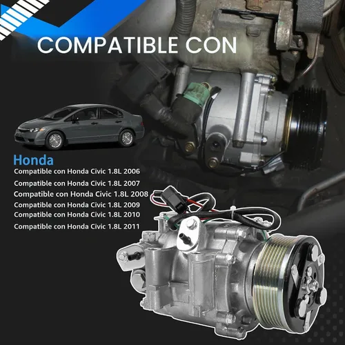 Vista 2 de Compresor de aire acondicionado para auto compatible con Honda Civic 2006 2007 2008 2009 2010 2011 1.8L Compresor de aire acondicionado con embrague