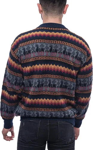 Vista 4 de Gamboa Suéter de alpaca hecho a mano con cuello redondo - Azul océano con Llamitas y diseño geométrico