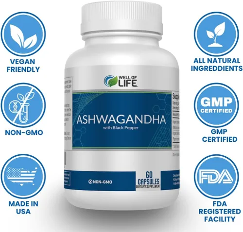 Vista 5 de Well of Life Ashwagandha Suplementos 1300mg por porción – con extracto de pimienta negra para calma, concentración y apoyo para dormir 60 cápsulas