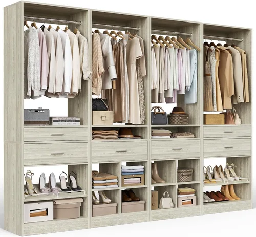 Vista 15 de Unikito Organizador de armario de 25 pulgadas de ancho x 80 pulgadas de alto, con barra para colgar y 2 cajones de madera, zapatero ajustable