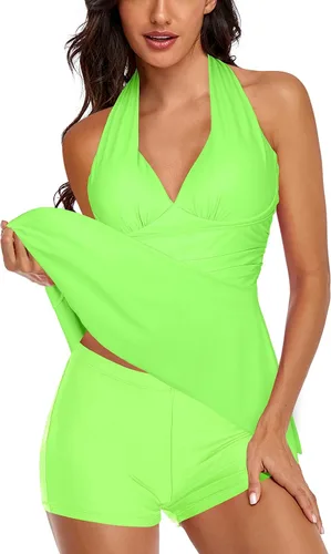 Vista 3 de Omichic Traje de baño tankini halter de dos piezas para mujer, con control de abdomen, cuello en V, con pantalones cortos