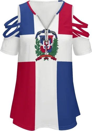 Vista 4 de Elegante camiseta casual con diseño de bandera dominicana BE con cremallera y hombros descubiertos para mujeres y niñas, verano, playa, talla L