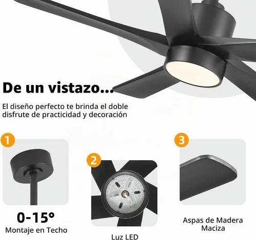 Vista 4 de WINGBO Ventilador de techo CC de 48 pulgadas con luces y control remoto, 5 cuchillas de madera maciza tallada, motor CC reversible de 6 velocidades