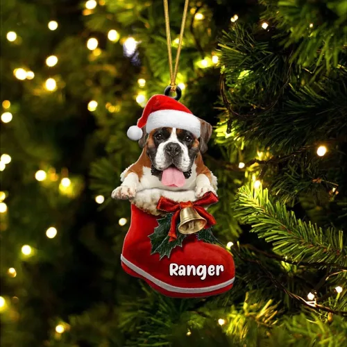 Vista 51 de Amantes de los perros de Navidad – Akita Inu Dog in Santa Boot Adorno de Navidad, adorno personalizado en forma 2D, adorno de Navidad, personaliza