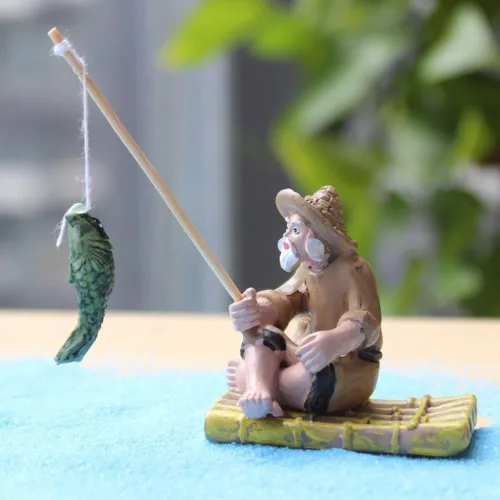 Vista 3 de Figura de pescador en miniatura, estatua de jardín sentado de lodo chino, decoración de adorno al aire libre