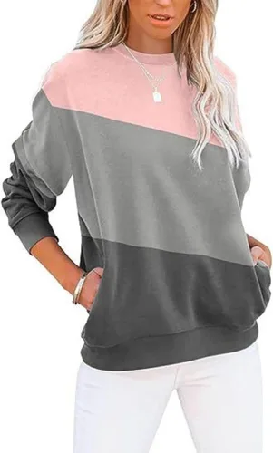 Vista 14 de Sudadera para mujer, casual, cuello redondo, manga larga, bloque de color, suave, holgada, con bolsillo, S-2XL