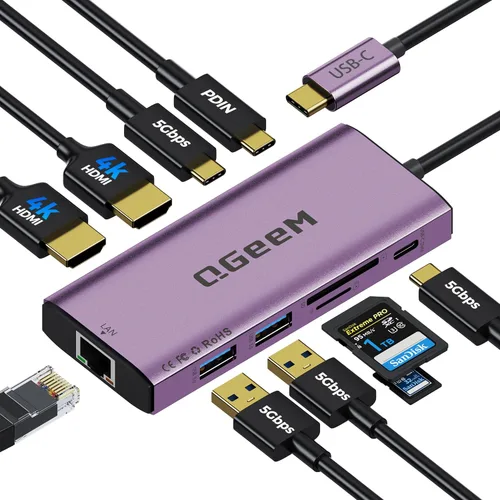 Vista 13 de Hub USB C, estación de acoplamiento para laptop 10 en 1, monitor dual individual 8K y 2x4K @60Hz, adaptador multipuerto tipo C con 2 HDMI, PD100W